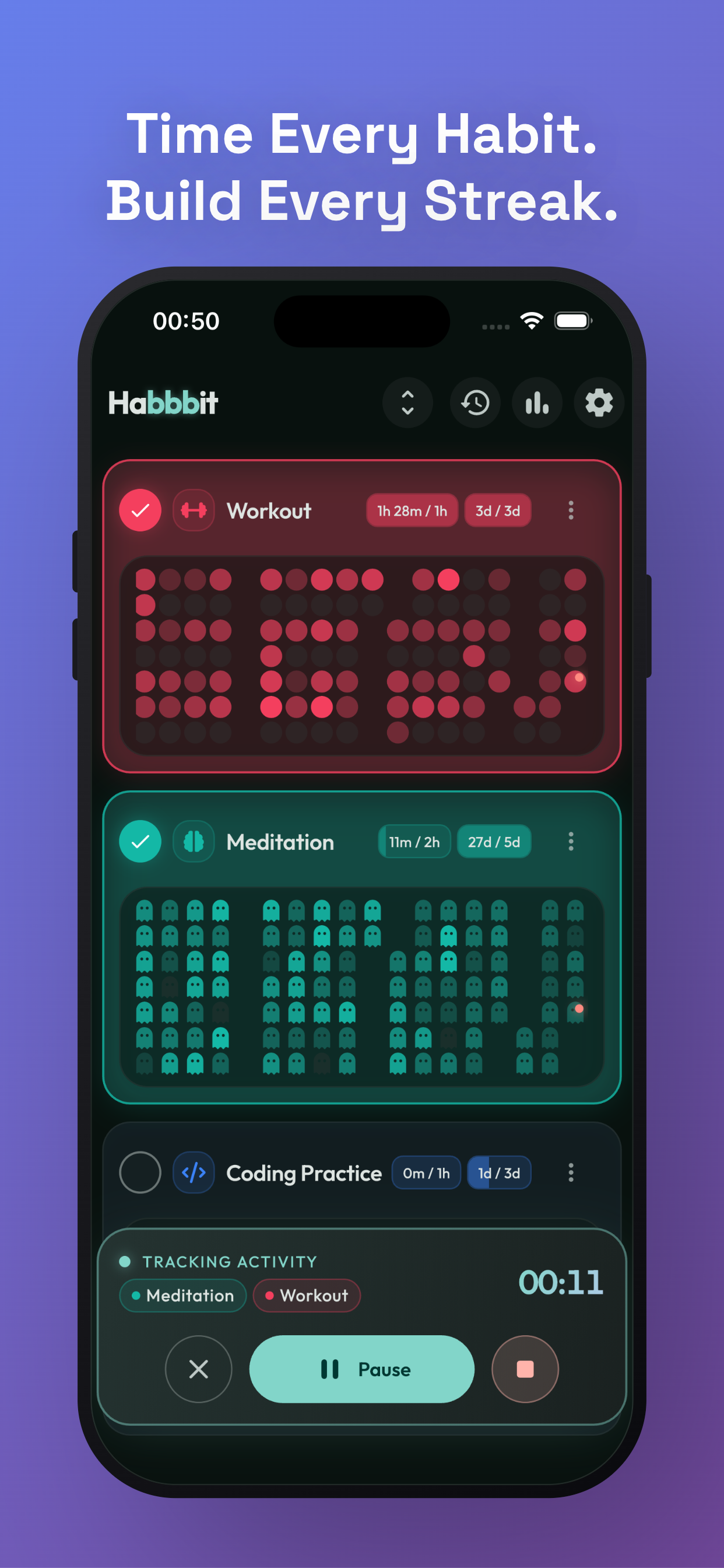 Habbbit app showing daily habits with pixel streak art
